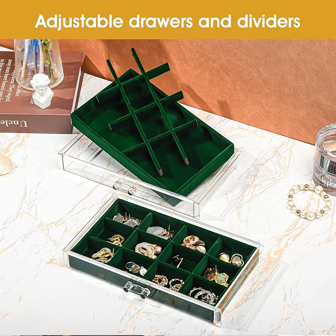ProCase Earring Holder Organizer Jewelry Box with 10 Drawers, Acrylic Clear Earring Case with Adjustable Velvet Trays for Wom