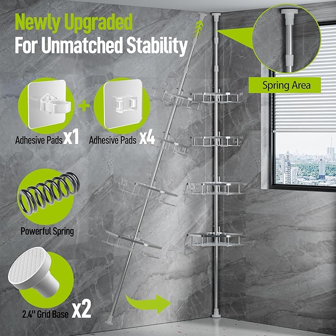 LAMU Shower Caddy Corner Tension Pole, Stainless Steel Shower Organizer, Strong Spring, 5 Adhesive Pads, 2.4 in Non-Slip Grid