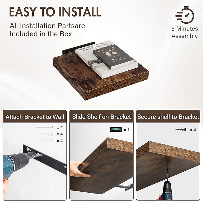 12 Inch Floating Shelves, 12" Deep Floating Shelf Wall Mounted, 12" Wall Shelves, Rustic Deep Bookshelf, Extra Deeper Display