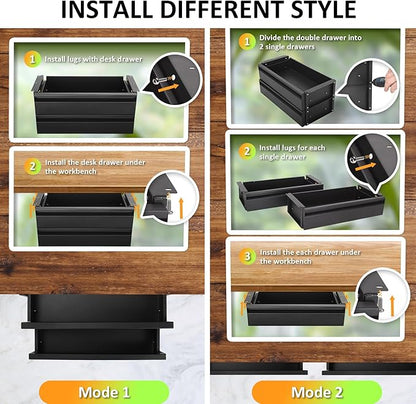 15 in 2-tier Under Desk Drawer,Adjustable Height, Under Desk Drawer Slide Out with Slide Extension Mounted Under Flat Wooden 