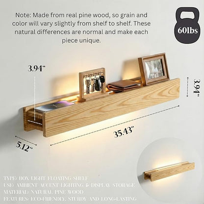 24" Natural Wood LED Floating Shelf, Heavy Duty Solid Pine Decorative Wall Mounted Shelf with Soft Ambient Lights, Minimalist