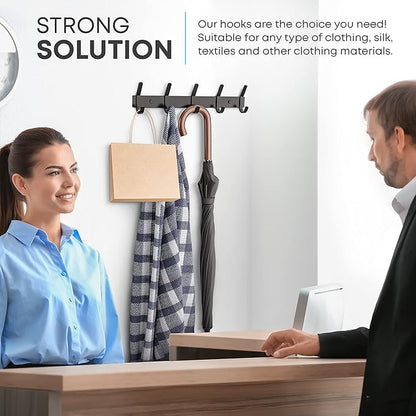 Matte Black Coat Rack Wall Mount – 15 Inch Stainless Steel Hook Rail with 5 Double Coat Hooks – Wall Mounted Entryway Organiz