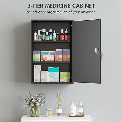 kleankin Steel Wall Mount Medicine Cabinet 3 Tier Emergency Box for Bathroom Kitchen, Lockable with 2 Keys, Black