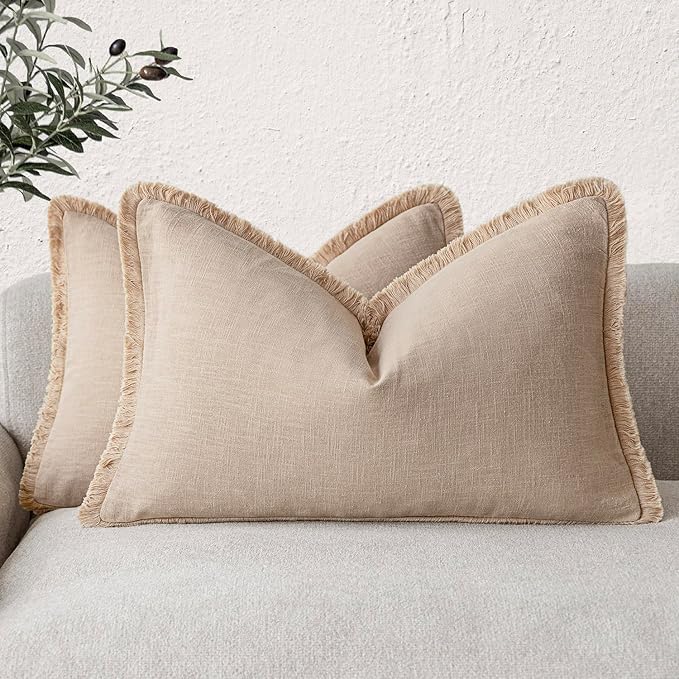 Foindtower Set of 2 Decorative Linen Fringe Lumbar Throw Pillow Covers Boho Farmhouse Cushion Cover with Tassels Soft Accent 