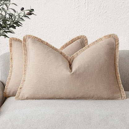 Foindtower Set of 2 Decorative Linen Fringe Lumbar Throw Pillow Covers Boho Farmhouse Cushion Cover with Tassels Soft Accent 