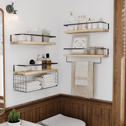 Wood Floating Shelves Wall Mounted - 4+1 Tier Rustic Bathroom Wall Shelves Over Toilet with Wire Storage Basket and Towel Bar