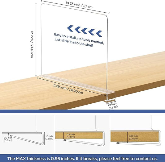 10 Pack 12 Inches [Extra Tall Version] Clear Shelf Dividers for Organization, Acrylic Closet Shelf Vertical Shelves Organizer