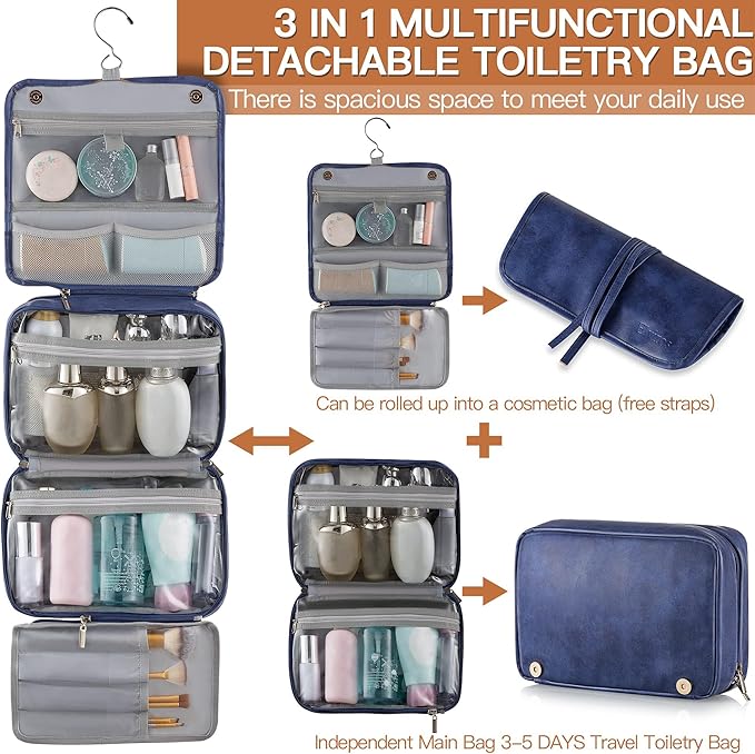 Elviros Hanging Toiletry Bag for Men Travel Essentials 3-in-1 Large Waterproof Dopp Kit PU Leather Shaving Bag with Separate 