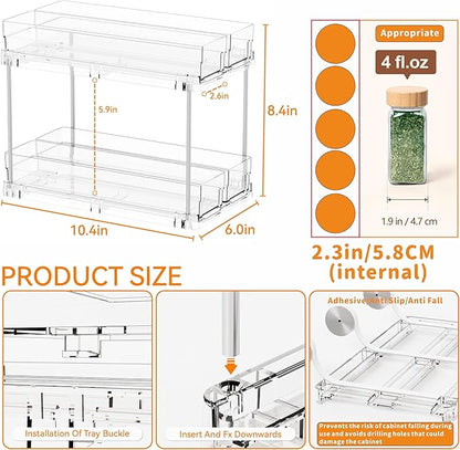 Yieach 2 Tier Sliding Spice Racks for Cabinets,2 Pack 10.4'' Deep Narrow Vertical Spice Rack Pull Out for Inside Cabinets,Kit