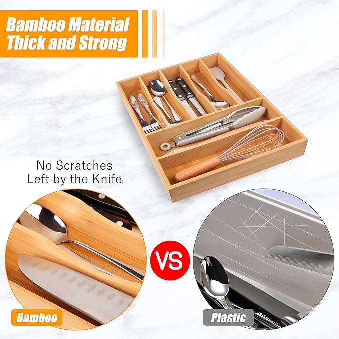 Bellsal Bamboo Silverware Drawer Organizer, Kitchen Utensil Drawer Organizers, 12"x15.7" Utensils Holder Cutlery Tray with Gr