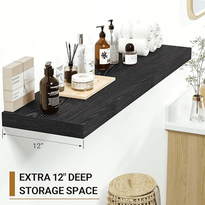 Vivelove Black Floating Shelves 16 Inches Wide, 12" Deep Wall Shelves for Bedroom, Bathroom, Living Room, Kitchen, Office, Ru