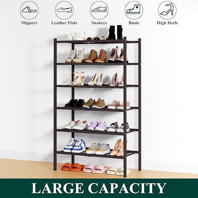 Smiry Shoe Rack, 6 Tier Thick Bamboo Shoe Organizer, Stackable Free Standing Wooden Shoe Storage Shelf for Closet, Entryway, 