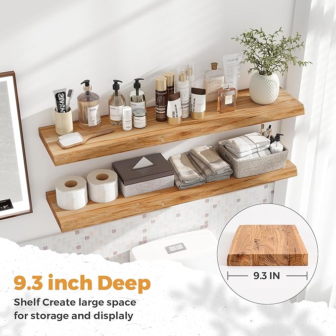 RICHFOCUS Live Edge Elm Floating Shelves - 40" W x 9.3" D Rustic Solid Wood Wall Shelves with Invisible Bracket, Wall-Mounted