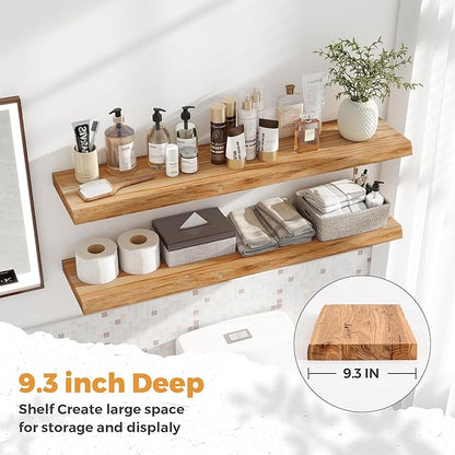 RICHFOCUS Live Edge Elm Floating Shelves - 40" W x 9.3" D Rustic Solid Wood Wall Shelves with Invisible Bracket, Wall-Mounted