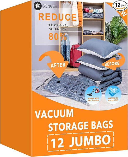 GONGSHI Vacuum Storage Bags, Space Saver Bags for Clothing,Blankets,Comforters, Pillows, Clothes,Travel,12 Jumbo