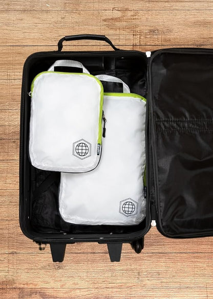 TRIPPED Compression Packing Cubes — 2-Piece Set | 1 Large (14"×10"×4") + 1 Small (10"×7"×4") | Compresses to 2" | Ripstop Nylon | Carry-On & Personal Item | White and Green