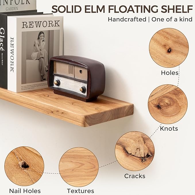 Fun Memories 36 Inch Floating Shelves for Wall, Solid Elm Wood Wall Shelf for Home Decor, Heavy-Duty Hardwood Floating Shelf 