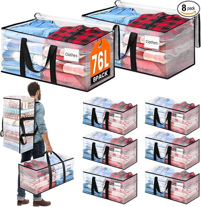 BlissTotes 8-Pack Large Moving Bags with Backpack Straps & Strong Zippers, Heavy-Duty Storage Bags Moving Boxes for Space Sav