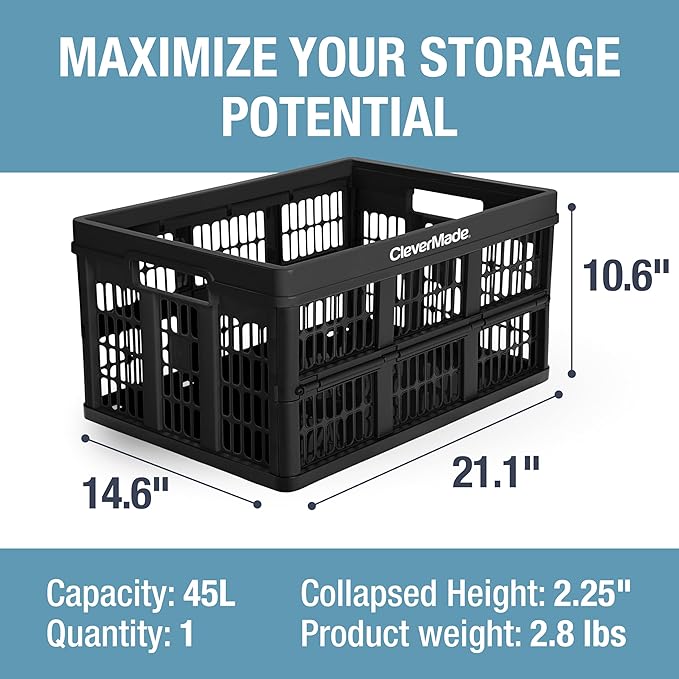 CleverMade Collapsible Utility Crate 45L Foldable Plastic Crate with Heavy Duty 66 lb Capacity for Storage, Trunk Organizatio
