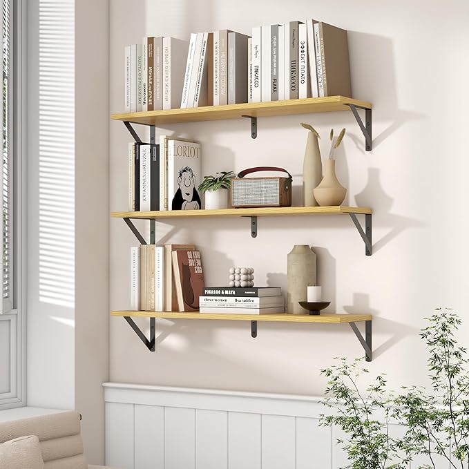 Axeman 32 Inch Floating Shelves | 8 Inch Deep Oak Wall Shelves Set of 2 | 31.5W x 8D Rustic Wood Shelves for Bookshelf Living