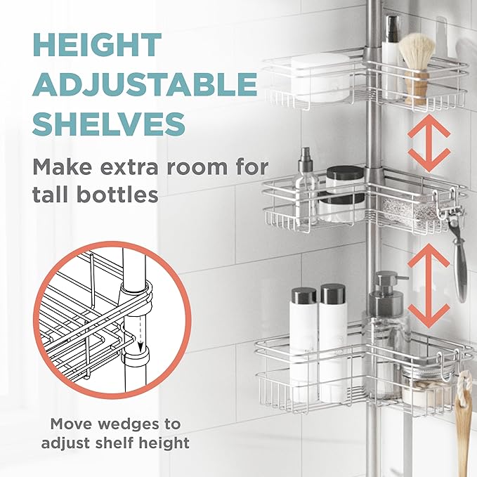 Zenna Home Tension Pole Shower Caddy Corner Organizer, Adjustable Standing Shower Caddy with 4 L-shaped Baskets and Hooks, Ru