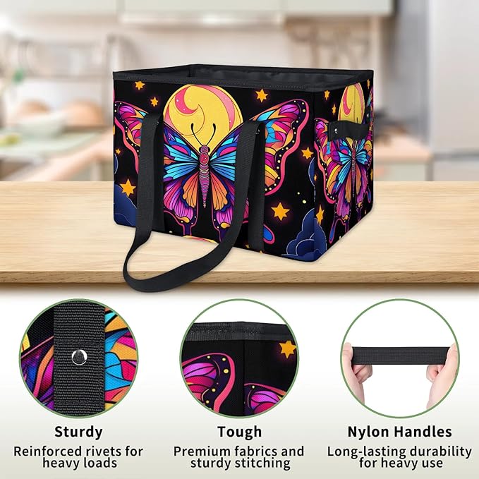 Reusable Grocery Bags Heavy Duty Shopping Bags Foldable Large Tote Bags with Long Handles & Hard Bottom