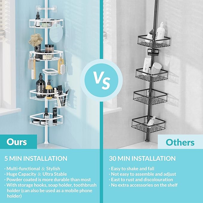 Shower Caddy Tension Pole, 4-Tier Adjustable Corner Shower Standing Caddy, Rustproof Shower Rack for Bathroom Bathtub, with 4