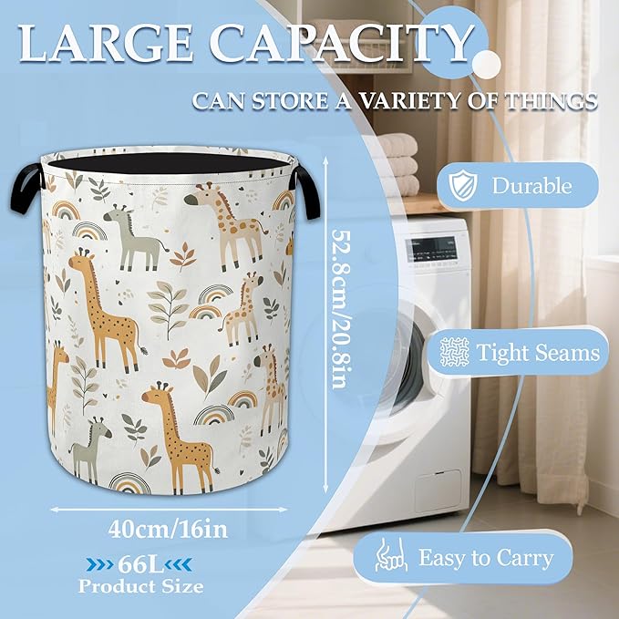 Rainbow Giraffe Laundry Basket Collapsible Laundry Hamper with Handle, Oxford Clothes Toy Storage Bin for Bathroom Bedroom Ro