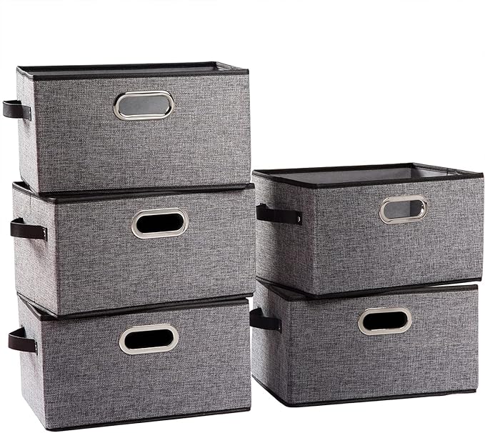 PRANDOM Fodable Storage Baskets for Closet [5-Pack] Decorative Fabric Storage Bins Cubes with Leather/Metal Handles for Shelv
