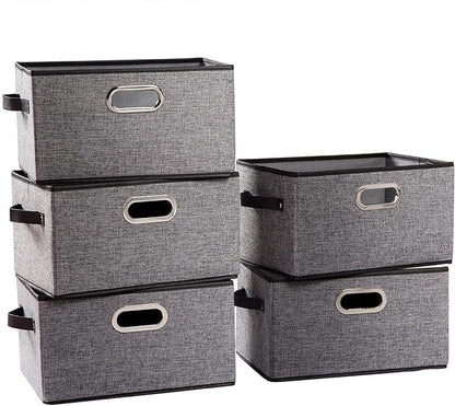 PRANDOM Fodable Storage Baskets for Closet [5-Pack] Decorative Fabric Storage Bins Cubes with Leather/Metal Handles for Shelv