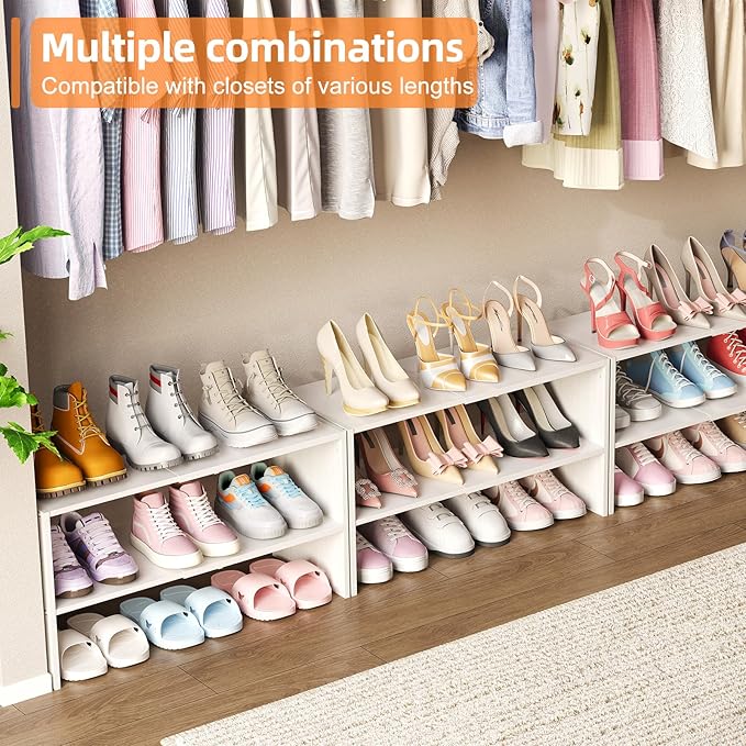 X-cosrack 2 Pack 2-Tier Shoe Rack Organizer for Closet, Expandable and Adjustable White Shoe Rack, Stackable Iron Wood Combin