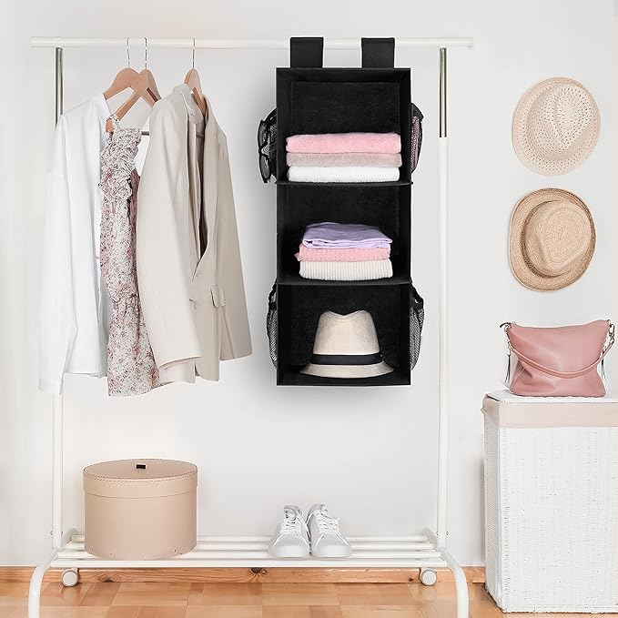 MAX Houser 3-Shelf Hanging Closet Organizers, Collapsible Closet Hanging Shelves for Camper, Nursery Hanging Organizers, Blac