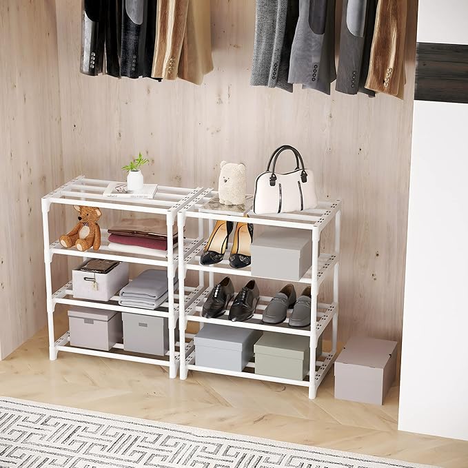 4-Tier Small Shoe Rack, Metal Stackable Kids Shoe Shelf Storage Zapateras Organizer,Narrow Shoe Rack Sturdy for Closet Hallwa