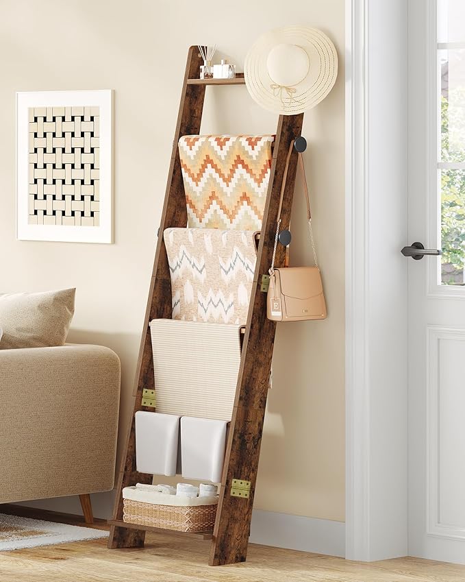 Hzuaneri Blanket Ladder for Living Room, Decorative Quilt Rack with 4 Removable Hooks, 6-Tier Blanket Ladder Shelf for Bedroo