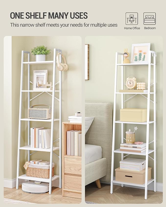 Hzuaneri Ladder Shelf, Bookshelf Bookcase, Freestanding Corner Storage Shelve with 2 Hooks for Home Office, Living Room, Kitc