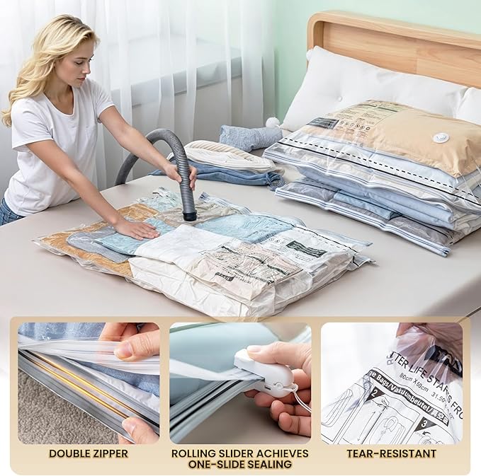 TAILI 10 Pack Vacuum Storage Bags, LONG SIDE ZIP (39x28 inch), Vacuum Seal Bags for Clothing, Jumbo Storage Space Saver for B