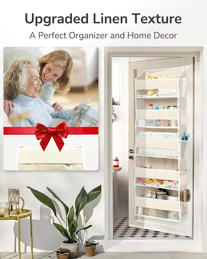 ULG 1 Pack Over Door Organizer with 5 Large Pockets 10 Mesh Side Pockets, Upgraded Linen Texture Over The Door Storage, 44 lb
