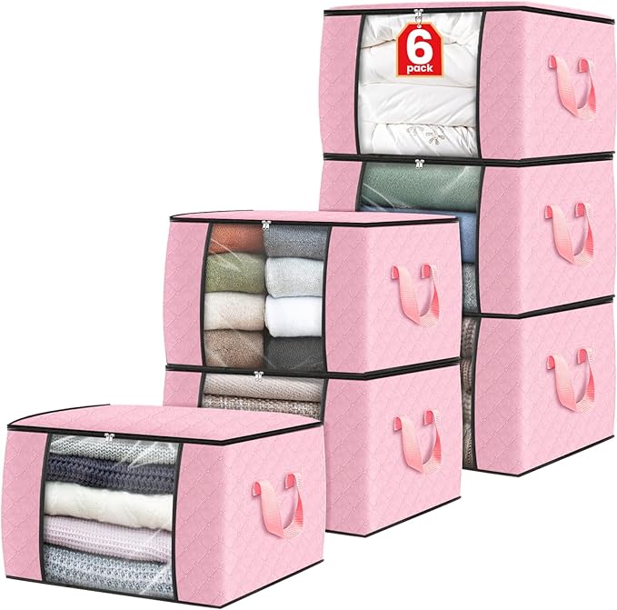 Fab totes 6 Pack Clothes Storage, Foldable Thick Fabric Blanket Storage Bags, Containers for Organizing Bedroom, Closet, Clot