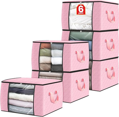 Fab totes 6 Pack Clothes Storage, Foldable Thick Fabric Blanket Storage Bags, Containers for Organizing Bedroom, Closet, Clot