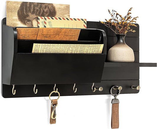 Rebee Vision Pine Wood Modern Key Holder Wall Mount for Home Decor - Mail Holder Wall Mounted with Floating Shelf & Hooks for