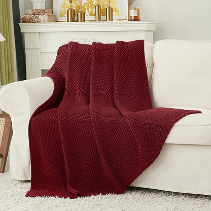 Chunky Cable Knit Throw Blanket Lightweight Wine red 100% Organic Cotton Blanket for Sofa Couch Bed Baby Nursery, Rustic Shab