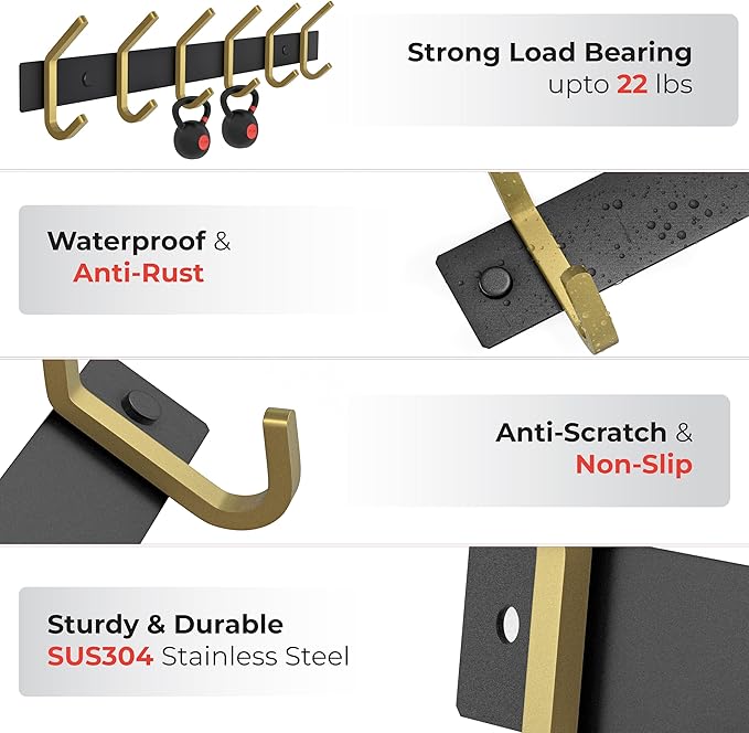 Coat Rack Wall Mount – Black and Gold Hook Rail with 6 Double Coat Hooks, 17 Inch Stainless Steel Wall Hooks for Entryway, Ba