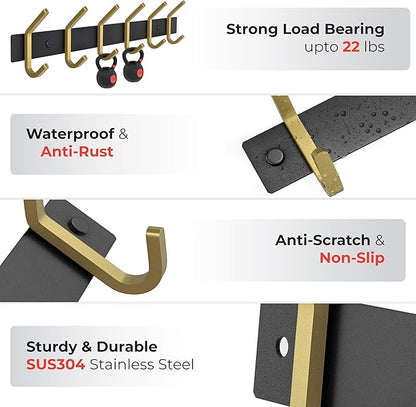 Coat Rack Wall Mount – Black and Gold Hook Rail with 6 Double Coat Hooks, 17 Inch Stainless Steel Wall Hooks for Entryway, Ba