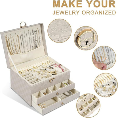 GUOER Jewelry Box for Women Girl Wife - Large PU Leather Jewelry Organizer Storage Case with 3 Layers Display for Earrings Br