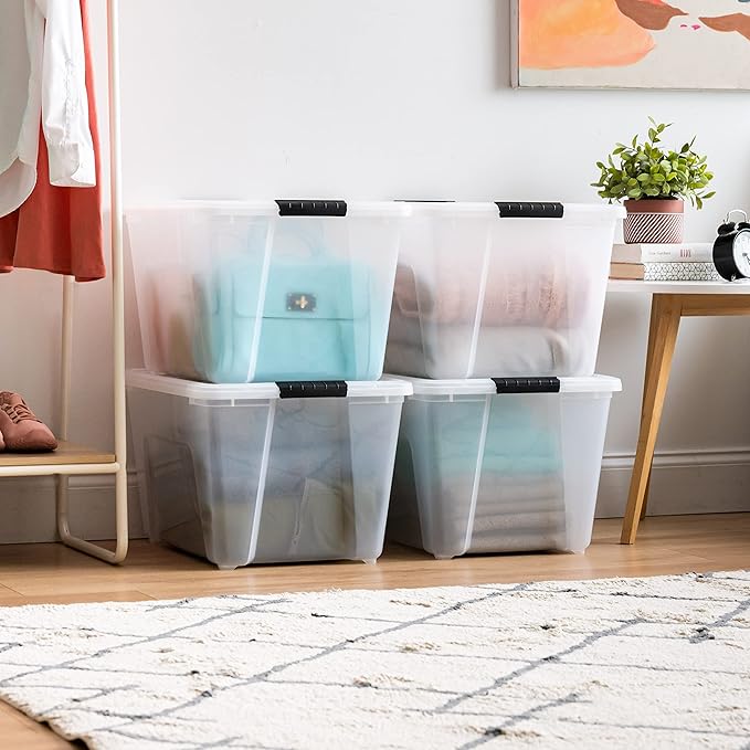 IRIS USA 54 Qt Stackable Plastic Storage Bins with Lids, 4 Pack - BPA-Free, Made in USA - See-Through Organizing Solution, La