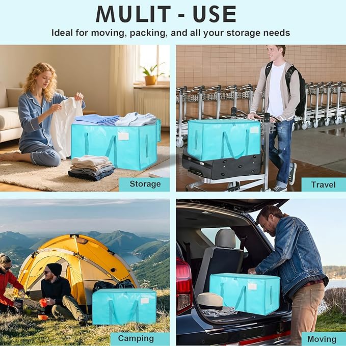 12 Pack Extra Large Heavy Duty Moving Bags - Waterproof Storage Totes with Handles & Zippers, Foldable for College Dorm