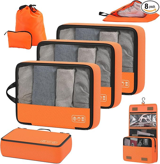 8-Piece Compression Packing Cubes for Travel, Bright & Lightweight Luggage Organizer System for Outdoor Travel & Adventure, S