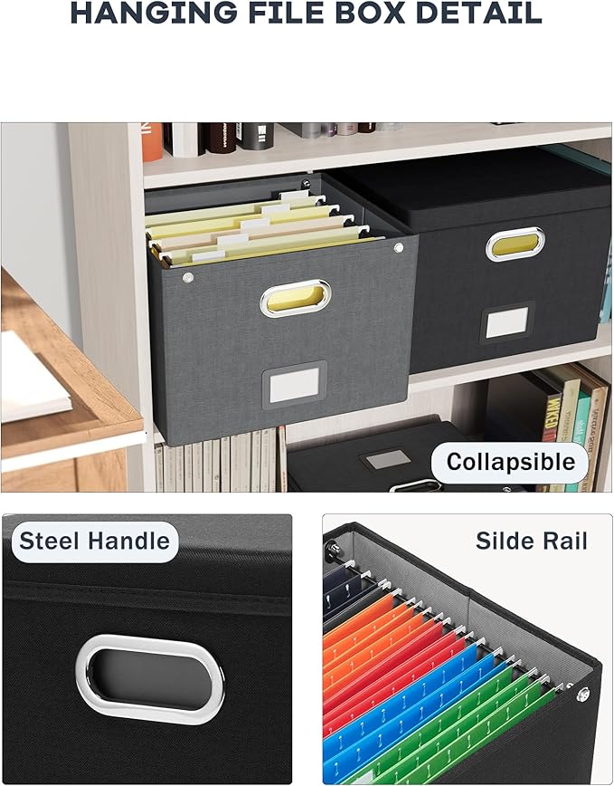 2 Pack File Organizer Box with Lid, Large Hanging Filing Box with Mesh Pocket, Document Organizer for Letter Files, Portable 