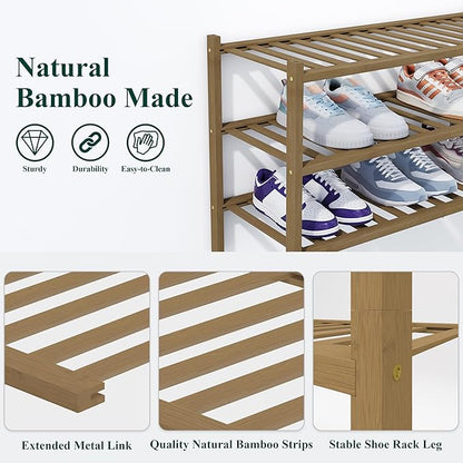 Smiry Shoe Rack, 2 Tier Thick Bamboo Shoe Organizer, Stackable Free Standing Wooden Shoe Storage Shelf for Closet, Entryway, 