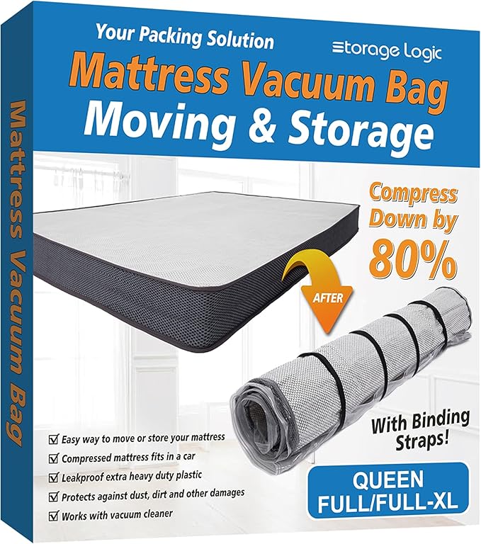 Storage Logic Foam Mattress Vacuum Bag for Moving, Storage, Vacuum Seal Mattress Bag with Straps (Queen/Full/Full-XL)